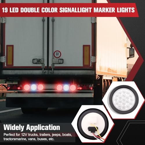 Image of 2PCS 4 Inch 19LED Red+Blue Round Led Trailer Tail Lights,Brake Stop Turn Signal Light w /Grommets,12V,IP67 Waterproof,3-Prong Wire Pigtails