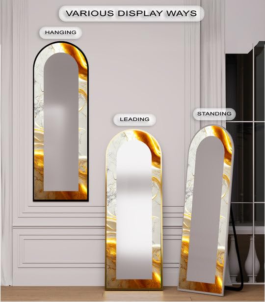 Specchio da pavimento astratto a lunghezza intera, 50 x 160 cm (larghezza x altezza), effetto marmo bianco, specchio da pavimento con cornice nera e cornice nera