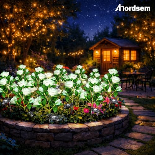 Image of Anordsem Solar Garden Lights Outdoor: 20 Waterproof Fabric Roses 4 Pack - White LED Flower Decorations for Yard Patio Path Cemetery Grave - Mother's Day Gift for Her Women Mom Wife