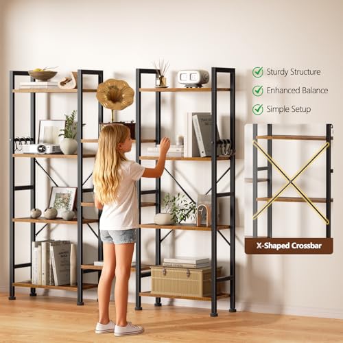 Image of Furologee Triple 4 Tier Bookshelf, Bookcase with 11 Open Display Shelves, Large Book Shelf with 6 Hooks, Rustic Bookshelves Storage Organizer, Decorative Shelving Unit for Living Room, Home Office
