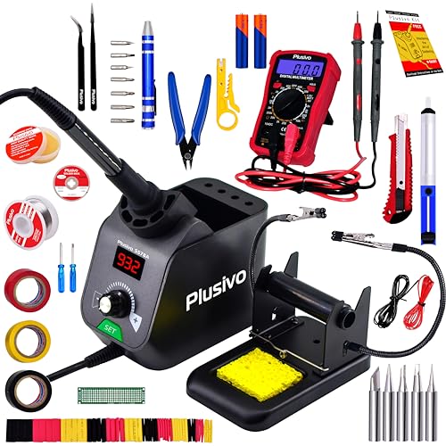 Soldering Iron Station Kit Digital Display Helping Hands 60 W 5 pcs Solder Tips, Solder Wire, Digital Multimeter °C/ºF Conversion, Standby/Sleep Mode, Calibration Support for Electricians from Plusivo