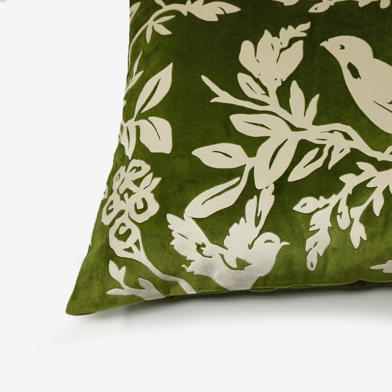 Image of Birds Designer Printed Velvet Cushion Cover | Decorative Cushion Cover | Modern & Trendy | for Sofa Chair Bedroom | Set of 1 (16 x 16 Inch, Green & Cream)