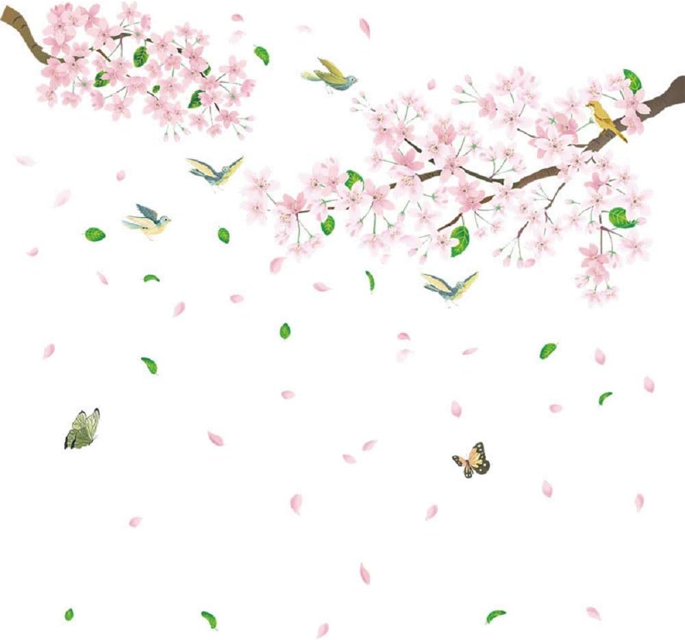 Amaonm Removable DIY Pink Peach blossom Flowers With Tree Branches Wall Decal 3D Home Wall art Decor Birds Floral Wall Stickers for Living Room Kids Bedroom Girls Nursery Baby Playroom Decorations