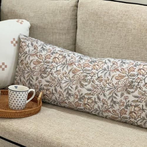 Duzziyyaa Floral Throw Pillow Covers 14x36 - Vintage Double Block Print Lumbar Pillow Cover Farmhouse Decorative Long Pillow for Bed Sofa Living Room Neutral Botanical Accent Cushion Cover