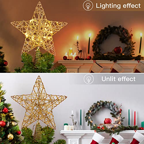 11.8” Christmas Star Tree Topper Hollow Designed Battery Operated Star Tree Topper With 20 Led Copper String Lights And 6H Timer 3D Star Treetop For Holiday Party Christmas Tree Decorations, Gold #TOP6