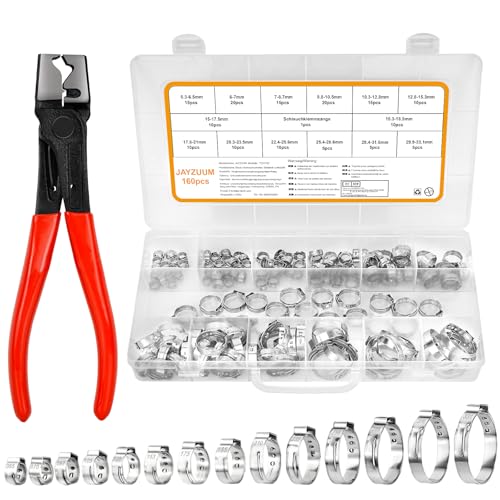 JAYZUUM 160PCS Einohr-Schlauchschellen aus Edelstahl mit Schlauchklemmzange 14 Größen (5.3-33.1mm) | Robuste Klemmschellen für Schläuche