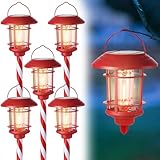 Dynaming 6 Pack Dual Use Solar Christmas Path Lights Outdoor, Hanging Lantern Solar Garden Light with Edison Bulb, Xmas Pathway Markers, Auto On/Off Candy Cane Lights for Patio Yard Walkway Driveway
