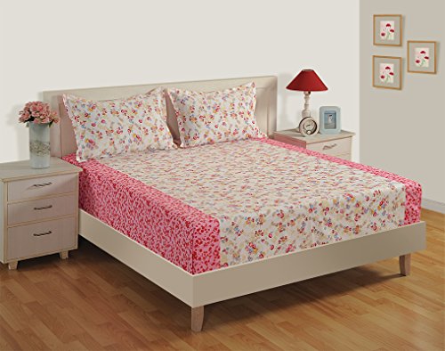 Image of Swayam Pure Cotton King Fitted Bedsheet with 2 Pillow Covers | Size 72 x 78 x 10 inch | 160 TC | Floral Design | Soft Breathable Bed Sheet | Comfortable & Durable for Bedroom - Cream & Pink