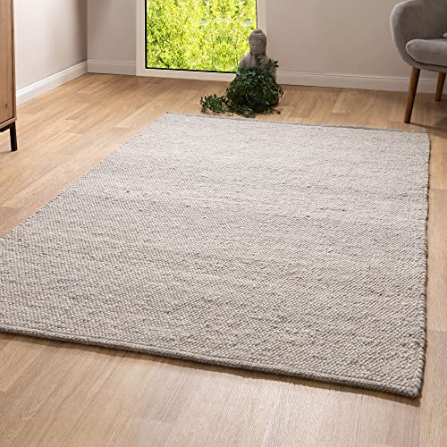 Steffensmeier Handwebteppich Leo | veredelte Schurwolle | Wohnzimmer | Fusselstopp | Grau Beige, handgewebt, Größe: 160x160 cm