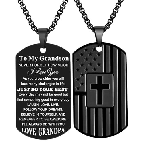 Coolvy To My Grandson Necklace from Grandpa, Dog Tag Cross Necklace for Men, American Flag Birthday Christmas Valentines Gifts for Grandsons (Grandson Gifts From Grandpa - Never, Black)
