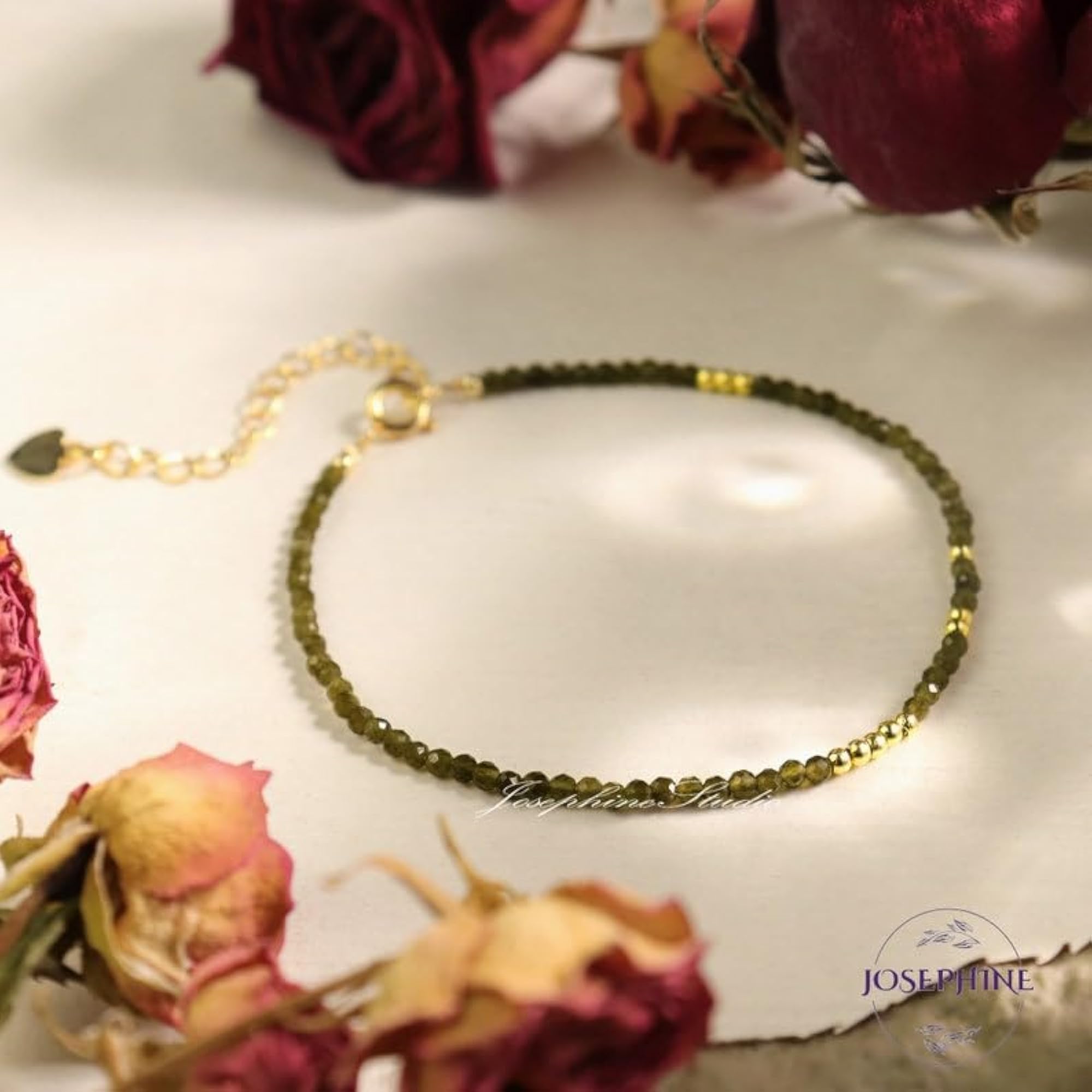 Green Cats Eye Rondelle Beaded Bracelet with Gold Lock, Adjustable