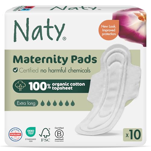 Image of Naty Maternity Pads with Wings |100% certified organic cotton top sheet | Certified skin-safe | Soft Postpartum Sanitary Pads for after Birth, 0% plastic on skin, Fragrance free & Absorbent | 10 count