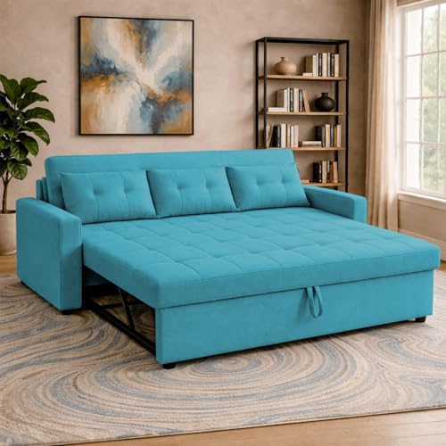 Image of Emilio 3 Seater with Ottomon Pull-Out Sofa Cum Bed (Turquise Color) Premium Fabric Sofa Set for Living Room | Bedroom