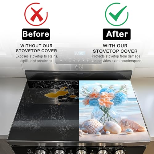 Image of Nuxovilar Stove Top Cover for Electric Stove, 20x28 Inch Polyester Glass Cooktop Protector with Beach Shell & Flower Seaside Design, for Kitchen Decor & Daily Use