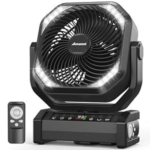 Amacool Camping Fan with Light, 20000mAh Rechargeable Battery Operated Fan, 112H Max Cooling Time, 8 Speeds, Digital Display, Remote Control, 270°Pivot with Hook for Tent Car RV Power Outage (Black)