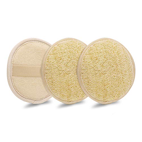 100% Natural Exfoliating-Loofah Sponge-Pads, Facial and Body-Scrubber for Use in Shower, Made of Organic Luffa Sponge and Soft Terry Cloth, Bath Accessories for Women & Men Skin Care (Round-3 Packs)