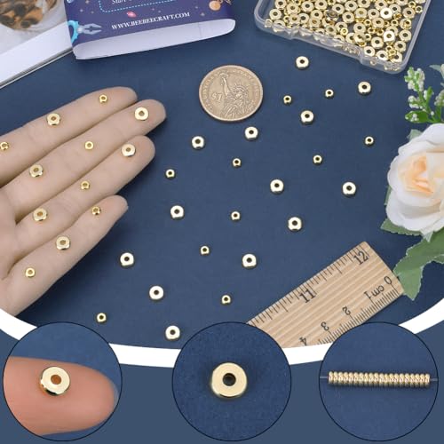 SUNNYCLUE 1 Box 200Pcs Gold Spacer Beads 4mm 6mm Real 18K Gold Plated Brass Beads Bulk Flat Round Golden Heishi Disc Beads Small Thick Rondelle Loose Spacer Beads for Jewellery Making Beading Supplies - Image 3