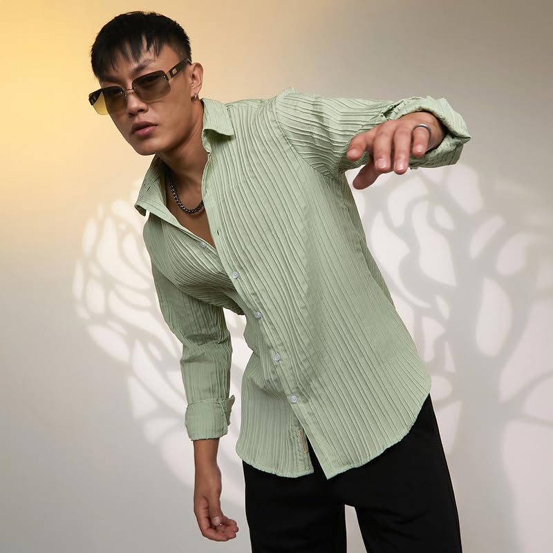 Image of CAHOOT Men's Veined-Textured Shirt | Casual Wear | Spread Collar | Long Sleeve | Button Closure | Shirt Crafted with Comfort Fit for Everyday Wear
