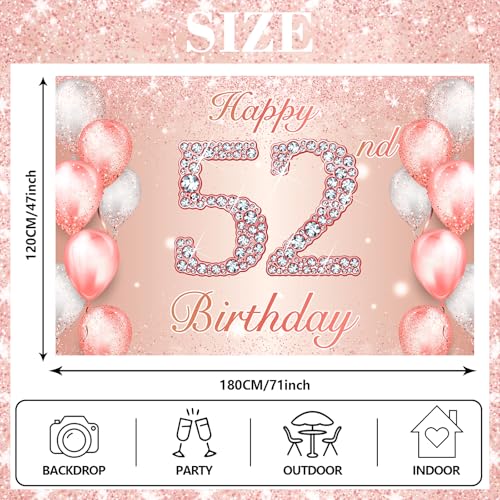 Image of Happy 52nd Birthday Rose Gold Banner Cheers to 52 Years Old Backdrop Confetti Balloons Theme Decor for Women 52 Years Old Pink Birthday Party Decorations Bday Supplies Background Favors Gift Glitter