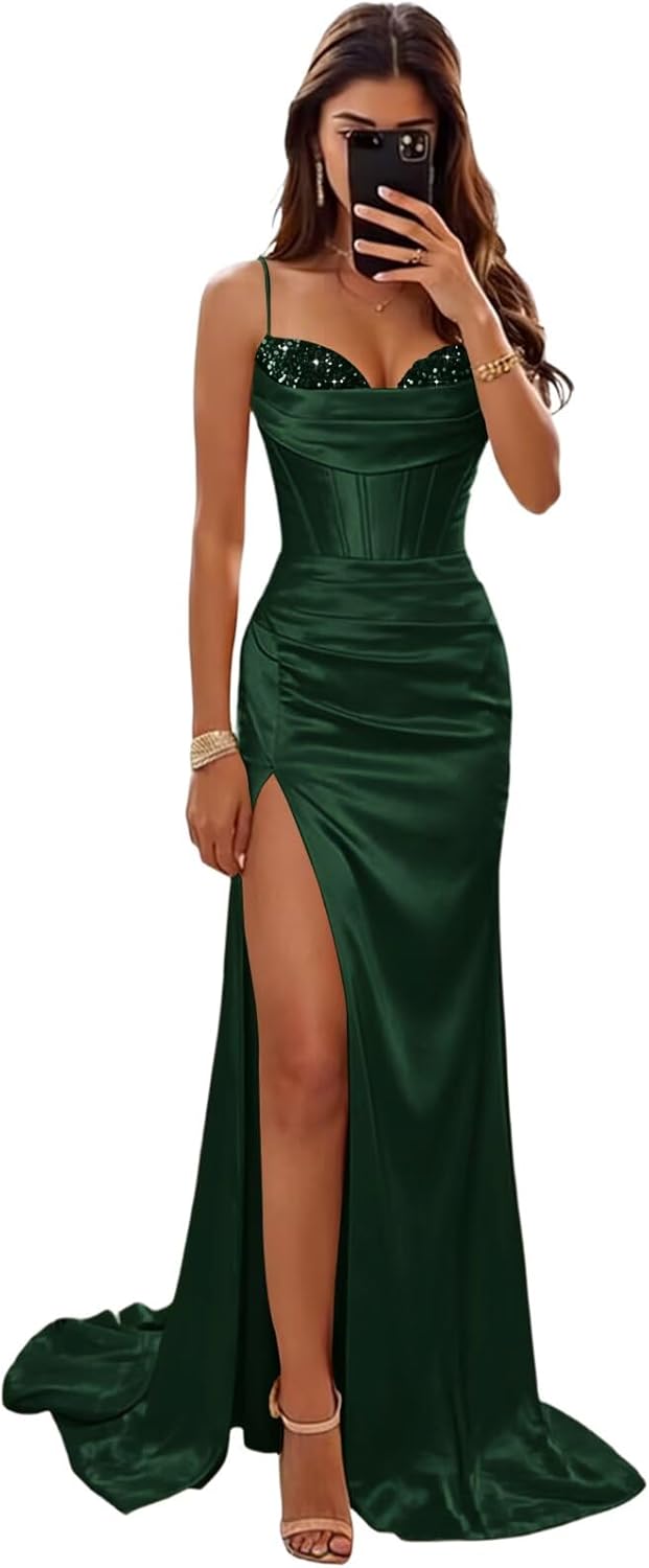 2026 Corset Prom Dresses Long for Women Formal Satin Mermaid Evening Gown with Slit