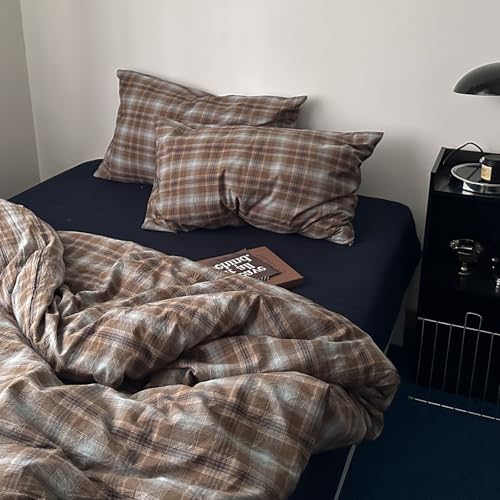 Image of VM VOUGEMARKET Retro Preppy Brown & Blue Gingham Bedding Set Washed Cotton Duvet Cover King Size,Casual Soft Breathable Plaid Tartan Bedding for All Aesthetic Bedrooms