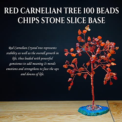 Image of REMEDYWALA Charged Energized Red Carnelian Crystal Tree with Agate Slice Base for Reiki Healing, Red Carnelian Stones Crystal Tree 100 Beads