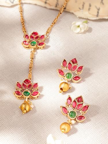 Image of Rubans Necklace Set Gold Plated Traditional Stylish Floral Theme Jewellery Gift for Women & Girls