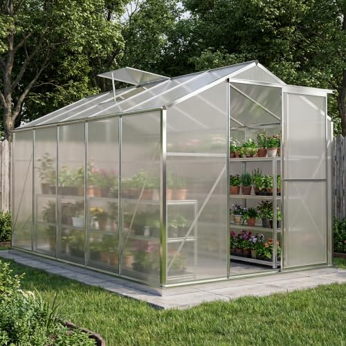 Image of Greenhouse 6' x 10' Silver Aluminium Frame with Polycarbonate Panels by Garden Universe Inc Free Base GH10x6S-Amz