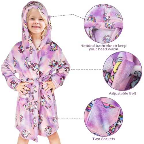 Baogaier Bademantel Kinder Mädchen mit Kapuze, Morgenmantel Flanell Lila Einhorn Nachtwäsche Bathrobe Lange Ärmel Weiche Schlafoveralls Pyjama Taillengürtel Gr.104-110