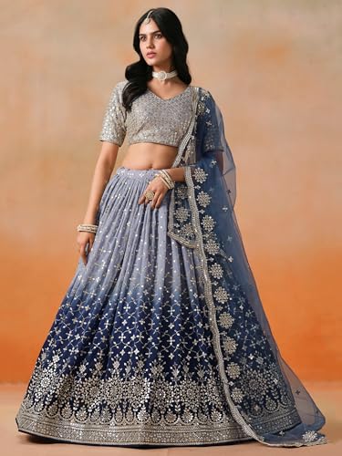 Image of Zeel Clothing Women Georgette Semi stitched Sequins Zari Embroidered Lehenga Choli With Dupatta (7086-Latest, Free size)
