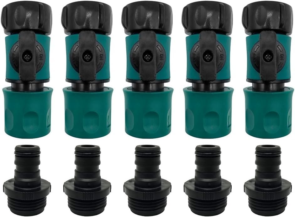 Tazweeq Plastic Garden Hose Quick Connect Set with Shutoff Valve, 3/4" Male & Female Connectors (5 Sets/10 Pieces), Easy On/Off, Leak-Free, Fits Standard Garden Hose Accessories