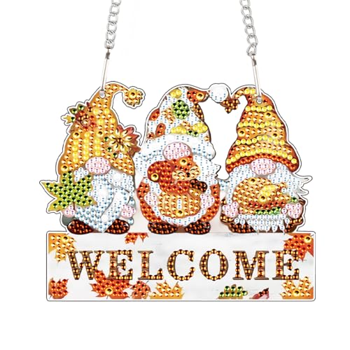 Image of AiYuanzsh Autumn Gnome Diamond Painting Hanging Sign, 5D DIY Acrylic Crystal Rhinestone Diamond Art Kit Pendant, Welcome Fall Decor for Door, Wall or Porch