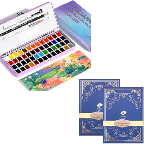 MEI LIANG 52 Colors Travel Watercolor Paint Set (Purple Case) And Paul Rubens 5.8 x 8.2 Inches Organ Style Watercolor Paper, 140lb/300GSM 50% Cotton Cold Pressed Pack of 2 (14 Sheets)