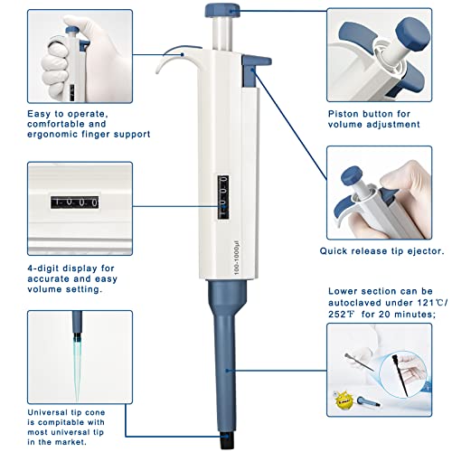 Huwazine 100-1000UL Adjustable Pipettor For Laboratory, Single Channel Lab Pipette,Half-Autoclavable thumb #1