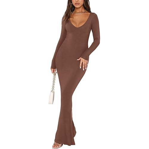 REORIA Women's Sexy Soft Lounge Ribbed Long Dress Elegant Long Sleeve Deep V Neck Bodycon Maxi Dresses