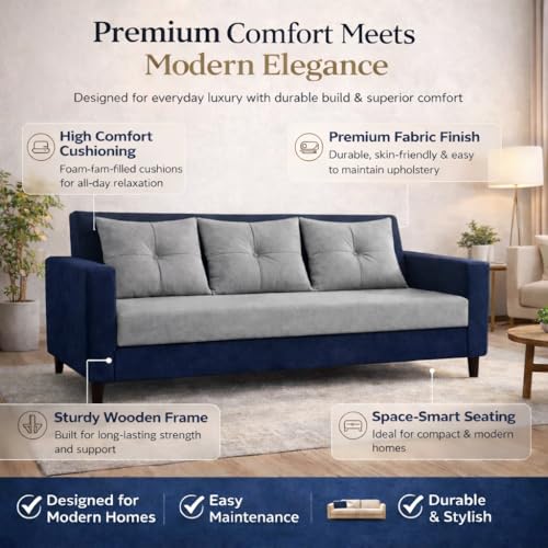 Image of Ultimate Comfort 3+2 Wooden Sofa Set | Premium Velvet Fabric | Modern 5-Seater Sofa | Durable & Stylish Living Room Furniture(Grey & Blue)