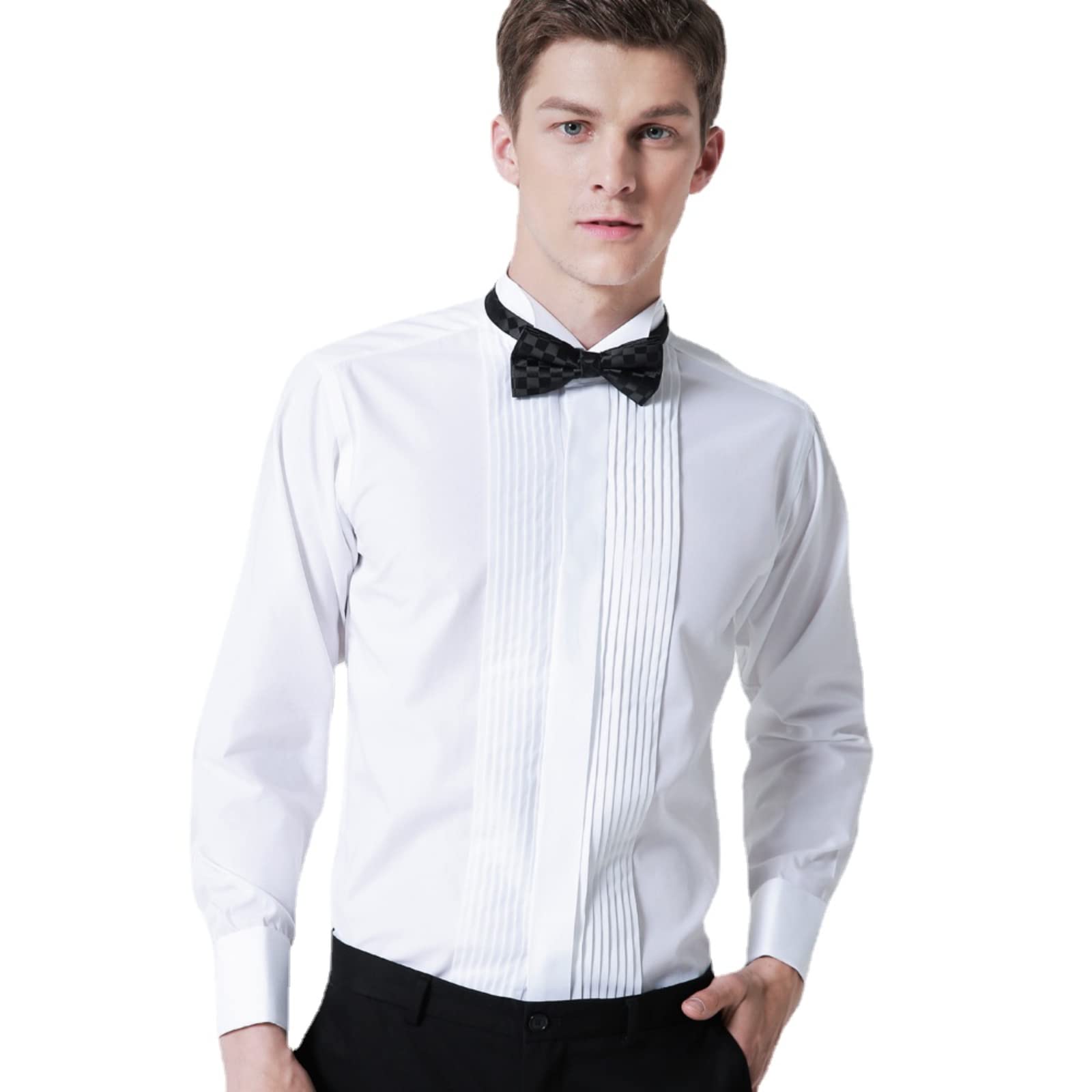 Camicia da uomo alla francese, slim fit, plissettata, colletto pieghevole, camicia da sera, matrimonio, smoking, cena, camicie con papillon