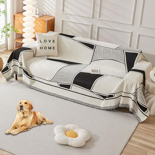 HAOMAIJIA Non Slip Couch Cover Sofa Covers for 2 Cushion Couch Washable sectional Couch Covers for Dogs pet Furniture Protector Couch Cover Blanket for Living Room (Black-Cream, 71"x118")