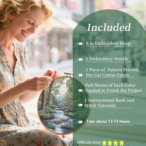 Image of FONNUY Embroidery Kit for Beginners, Boho Nature Landscape Pre-Stamped Pattern Kits for Adults with Hoop, Easy to Follow Color Thread Needlework, 8'' Hoop (Verdant Riverside)