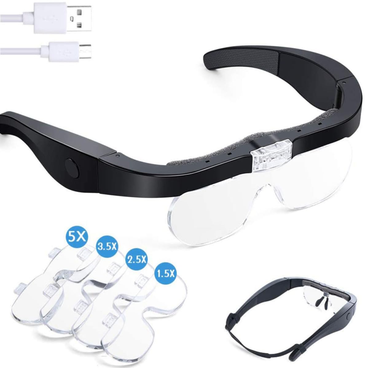 POPETPOP Lupa de Lectura Lupa Montada Cabeza Luz LED Recargable, 4 Grupos de Lentes, Negra, para Bordado y Coleccionismo de Antigüedades, para Seniors y Joyeros