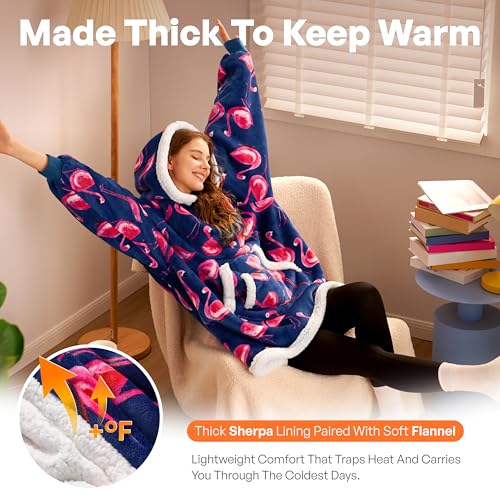 Image of Giggling Getup Wearable Blanket Hoodie for Adults Gifts for Teen Girls Sister Women Sherpa Fleece Printed Hooded Blanket Sweatshirt Warm Cozy with Pocket & Sleeves Blue Flamingo