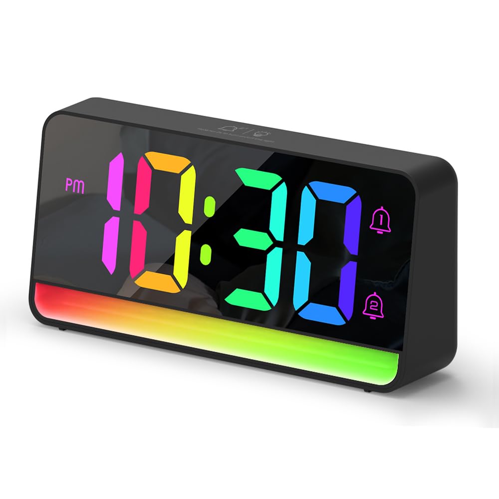 Bedside Digital Alarm Clock with LED Ambient Light, Dual Alarms and Snooze, Battery or Plug-In, Auto Dimming Display with Large Digits for Kids and Adults