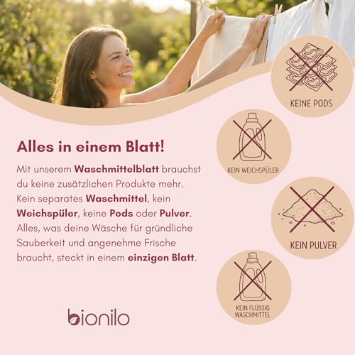 Bionilo Waschmittelblätter Himmlische Kirschblüte – 60 Waschgänge – Vegan Plastikfrei Biologisch Abbaubar – Nachhaltig Umweltfreundlich – Kompakt Reisegröße Waschmittel Blätter