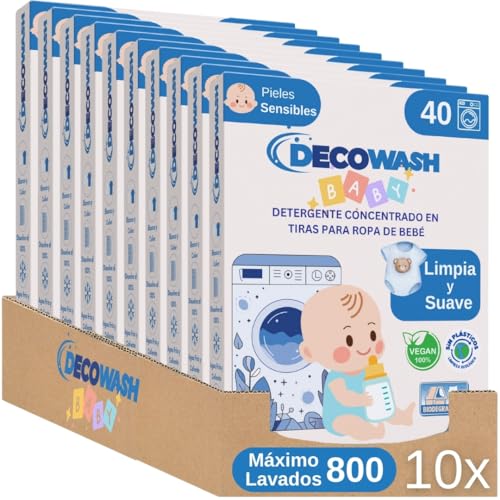 Detergente en Tiras Concentrado para Ropa de Bebé (Máximo 800 Lavados) – Hipoalergénico, Ecológico, para Pieles Sensibles, Biodegradable, Vegano, Sin Plásticos – Pack de 10 Unidades (Sin fragancia)