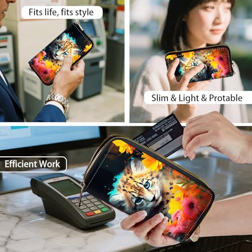 RFID Blocking Women's Wristlet Purse - Detachable Wrist Strap, Compact Foldable Design with 12 Card Slots & Zip Pocket Wallet for Travel,Gym,Everyday Security,Cute Baby Leopard Flower4