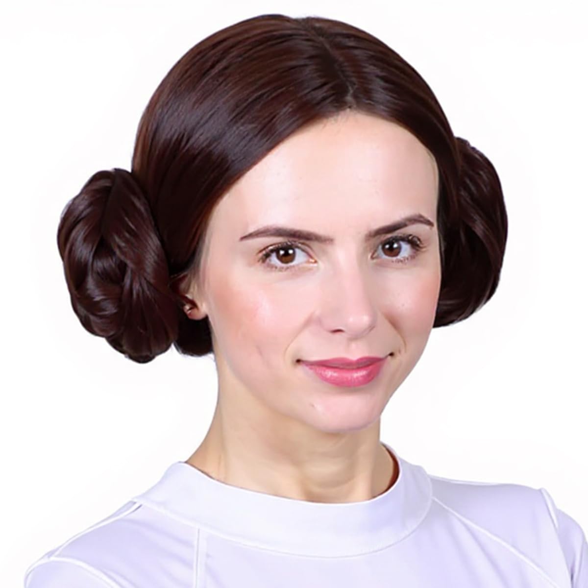 FantaLook Short Brown Cosplay Wig with 2 Buns for Women Halloween Costume