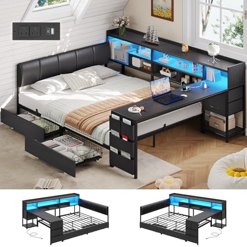 BYSAUD Full Corner Bed Frame with Storage and Desk Full Bed Frame Corner Bed with 4 Drawers 6 Bookcase 1 Side Storage Bag Upholstered Headboard LED Lights Charging Station Black