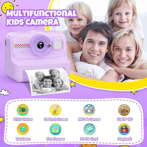 Image of Kids Camera Instant Print, 1080P HD Instant Print Camera for Kids with 3 Rolls Print Paper & 32GB Card, Selfie Digital Camera for Kid, Ideal Kid Toys Gifts for Boys & Girls Age 3-14 (CAM32)