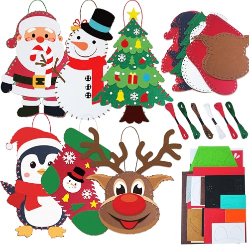 6 Sets Christmas Felt Ornament Sewing Kit, Christmas Ornaments Craft Supplies Santa Elk Snowman Felt Sewing Socking Kit DIY Activity Perfect for Xmas Arts and Crafts