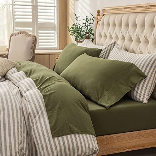 Pure Era Jersey Knit 4Pc Bed Sheet Set 100% T-Shirt Cotton Super Soft Comfy Breathable Fits Mattress Up To 20" Extra Deep Pocket (Olive Green, Cal King) #TOP14
